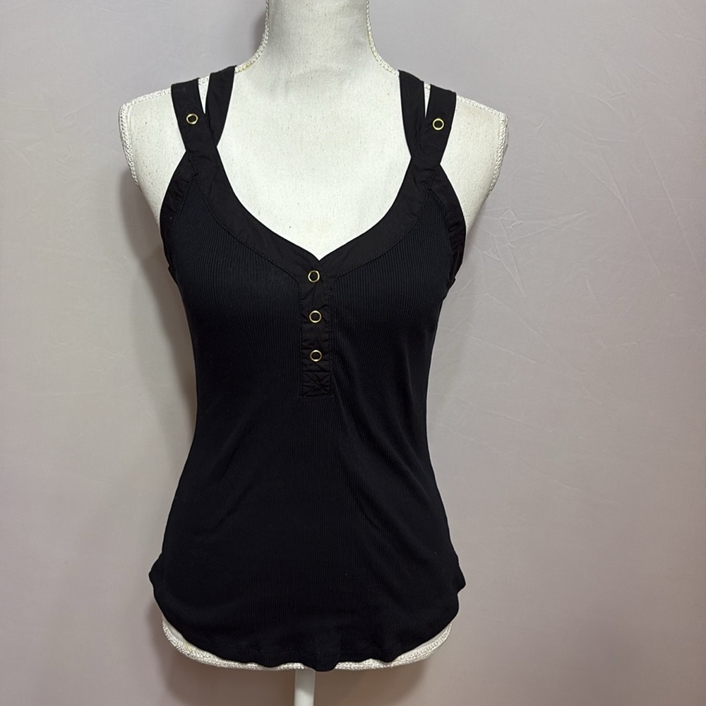 Ulla Johnson Corin’ Tank Top Black Cotton Straps Ribbed Stretch Fit